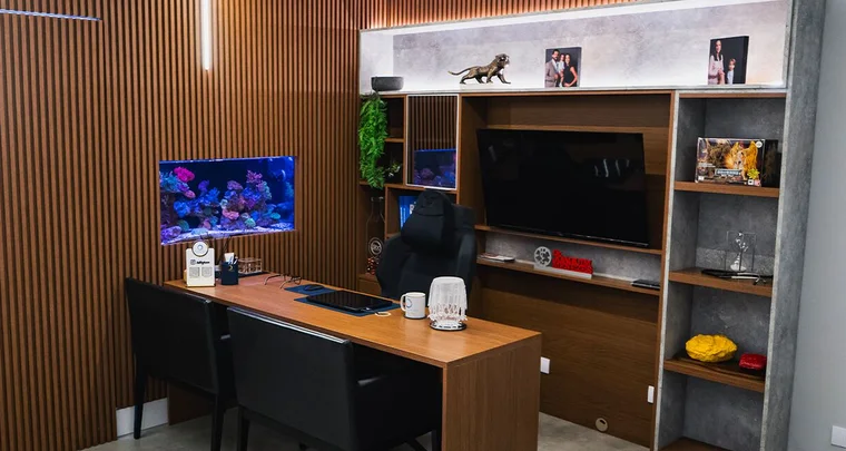 Consultório com mesa de atendimento, duas cadeiras, aquário embutido na parede de madeira ripada e estante